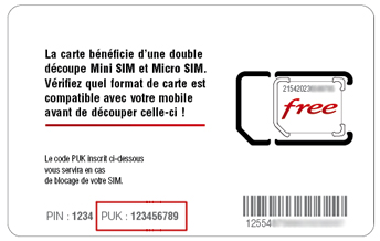 Code puk sur le support de carte SIM Free mobile